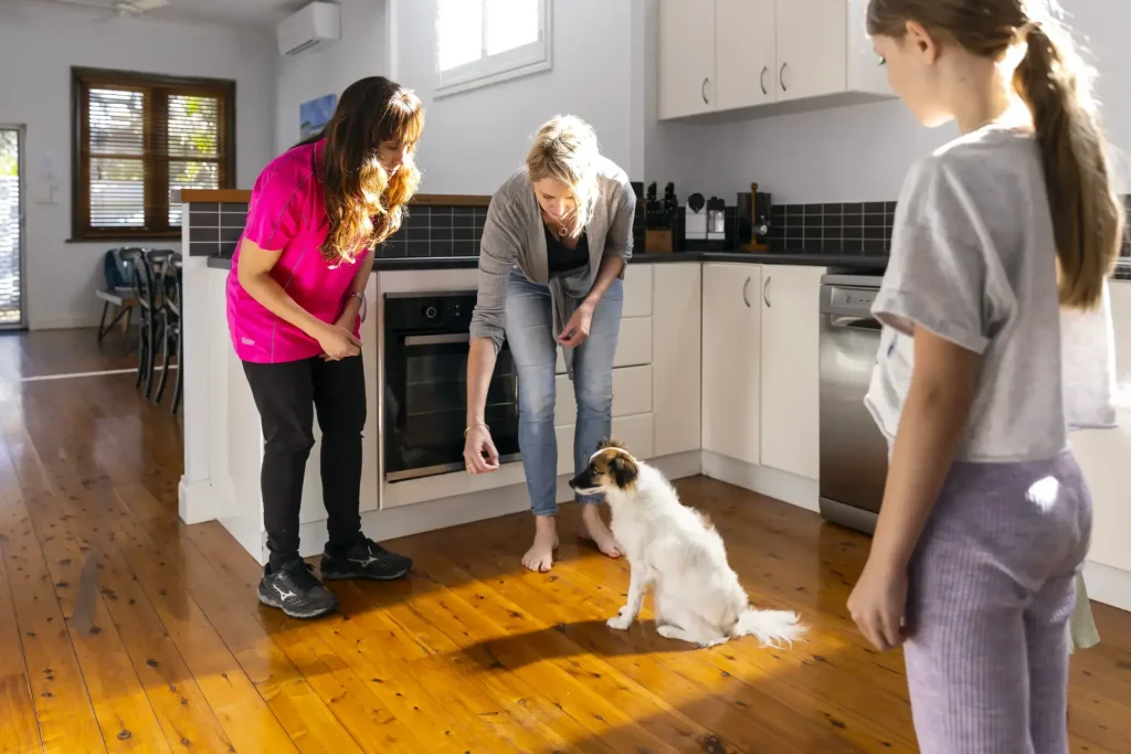 family watching dog sit training at home
